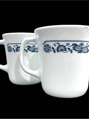 Vintage 1980s Old Town Blue by Corning Corelle Milk Glass Mugs (2) - Made in USA